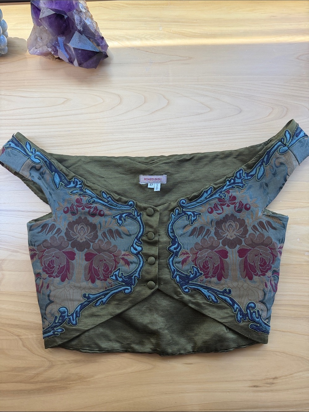 Romeo Gigli Runway Spring 1990 Olive Green Embroidered Brocade Bustier Top - Picture 5 of 11